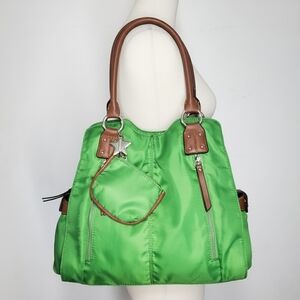 Franco Sarto 14x13x6" Shoulder Bag Green Satin Double Handle Large Vintage Zip